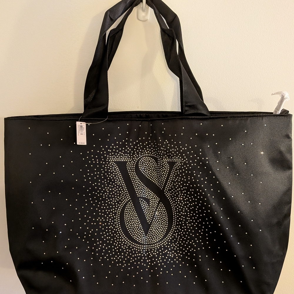 Victoria Secret BLACK SPARKLE VS Overnight XL TOTE BAG Bling Rhinestones